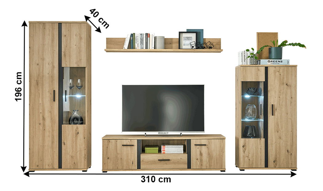 Mobilier living Kardun (stejar artisan + negru) (Cu iluminat LED)