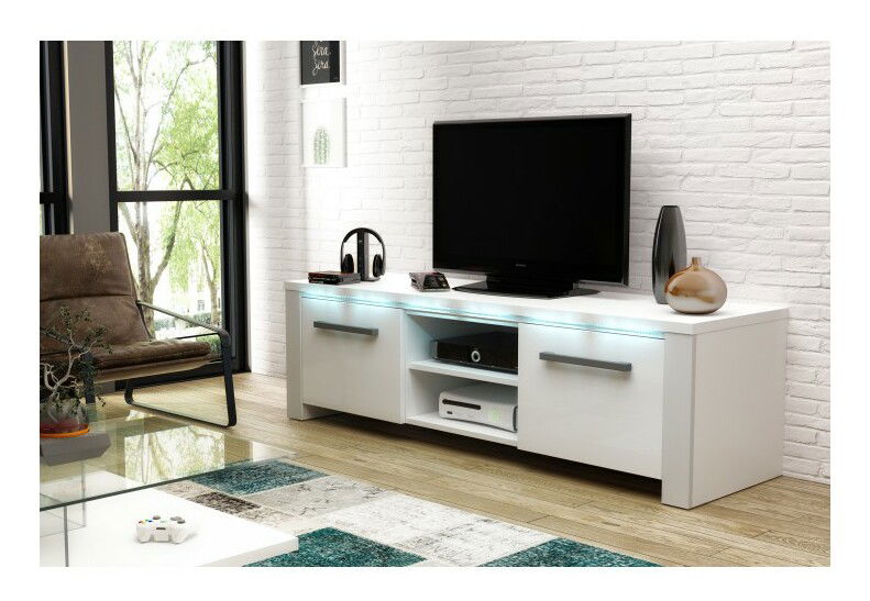 TV stolík/skrinka Manhan (biela + biely lesk) (s osvetlením)
