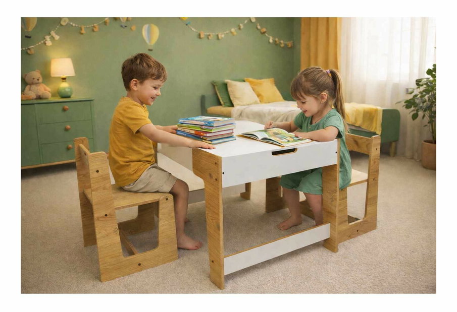 Set detský stolík a 2 stoličky Pidili 5 (biela + naturálna)
