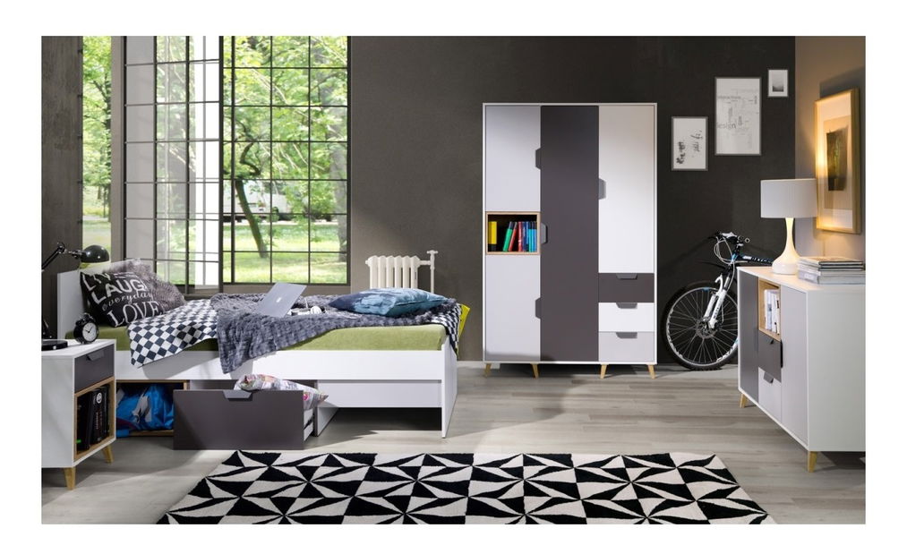 Dulap cu rafturi Juna 5 (alb + grafit + gri + stejar lefkas)