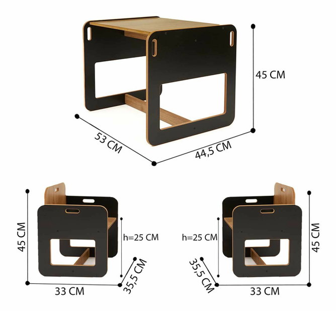 Set detský stolík a 2 stoličky Durumo 2 (čierna + naturálna)