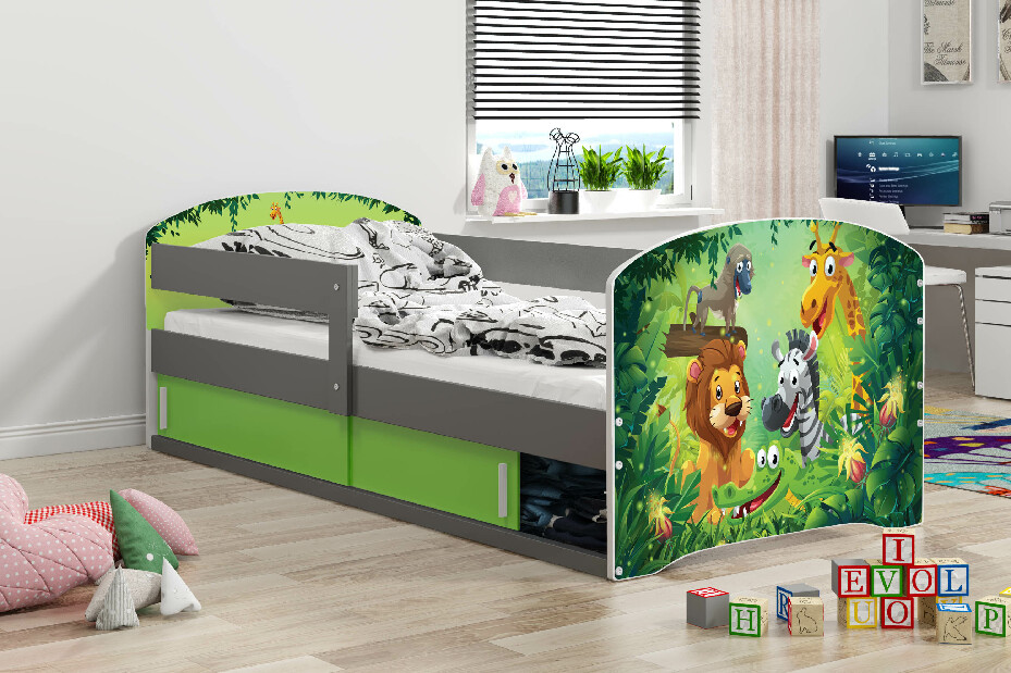 Detská posteľ 80 x 160 cm Lukan (grafit + vzor jungle) (s roštom, matracom a úl. priestorom)