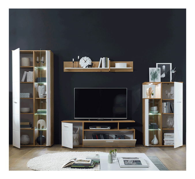 Mobilier living Ralano (alb ultralucios + stejar artisan) (Cu iluminat LED)