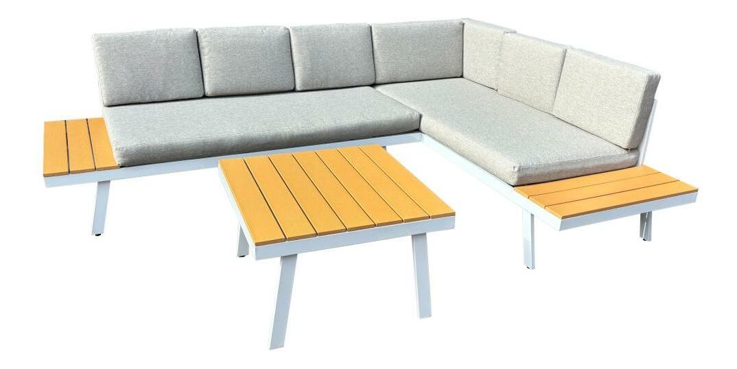 Set mobilier de grădină POLOR (oțel alb + stejar + gri deschis) (pentru 4-6 persoane) *vânzare stoc