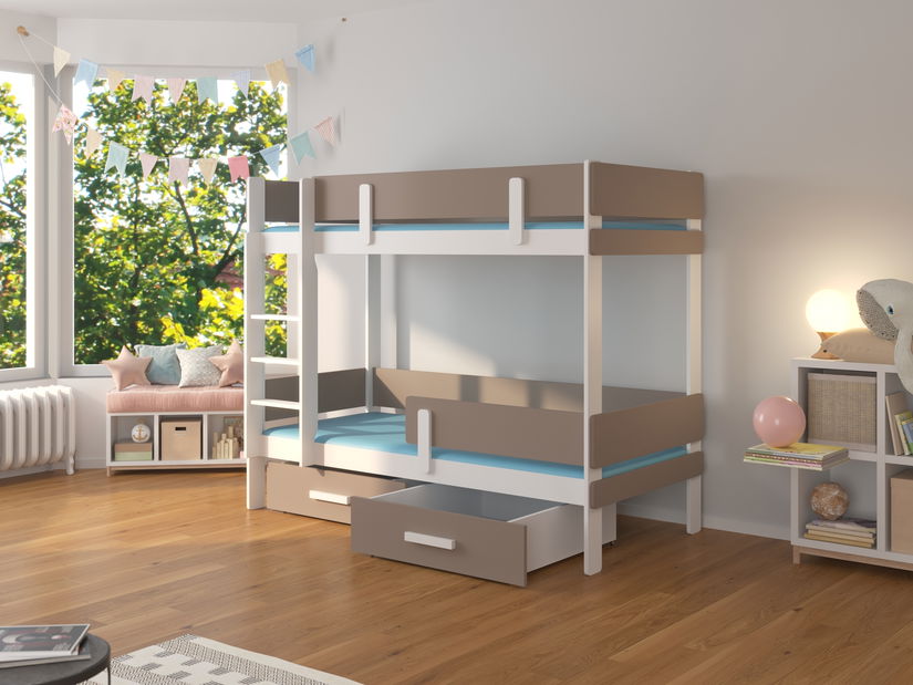 Emeletes gyerekágy 200x90 cm Ellen (ágyráccsal és matraccal) (fehér + trüffel)