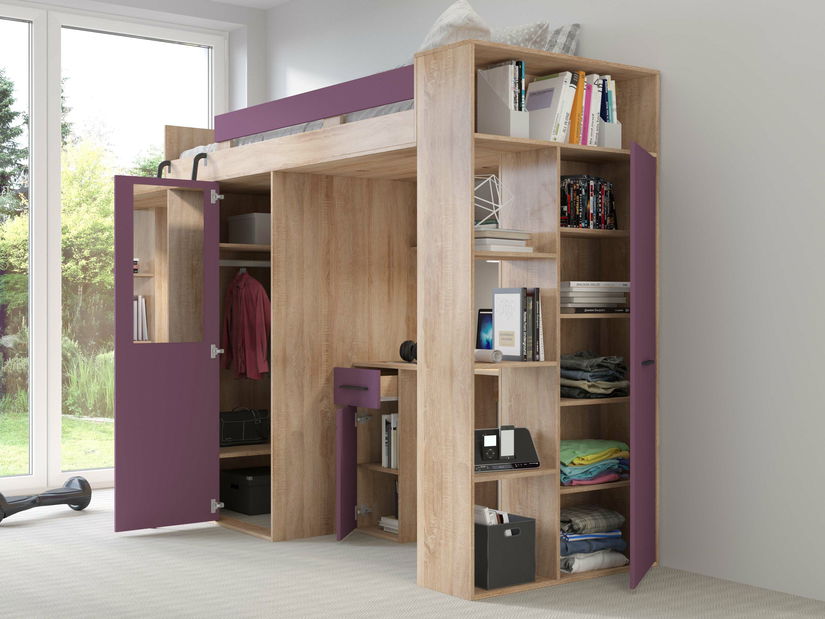Poschodová posteľ 90 cm Vivian (L) (s roštom) (dub sonoma + fialová)