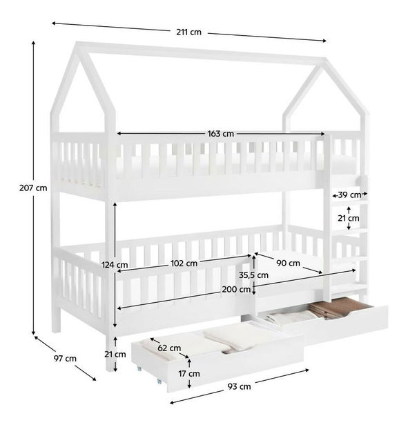 Pat etajat pentru copii 90 cm Virtuoso (alb) (cu somieră) (cu sp. depozitare)