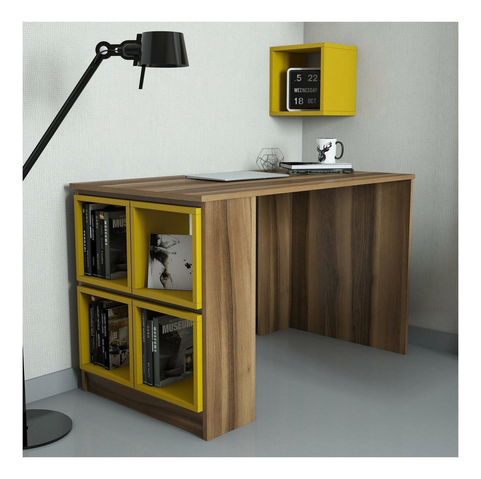 PC asztal polccal Blanchet (dió + sárga)