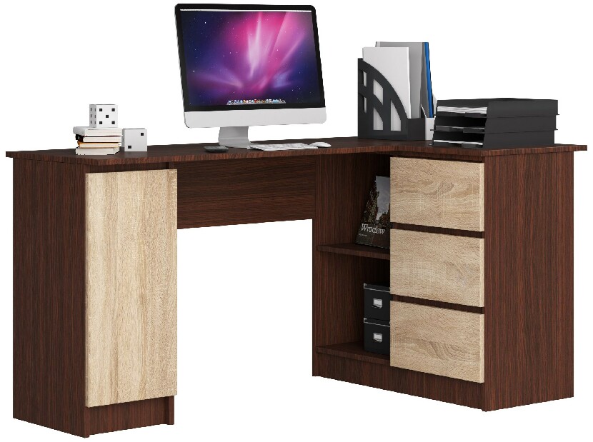 Rohový PC stolík Bevin (wenge + dub sonoma) (P)