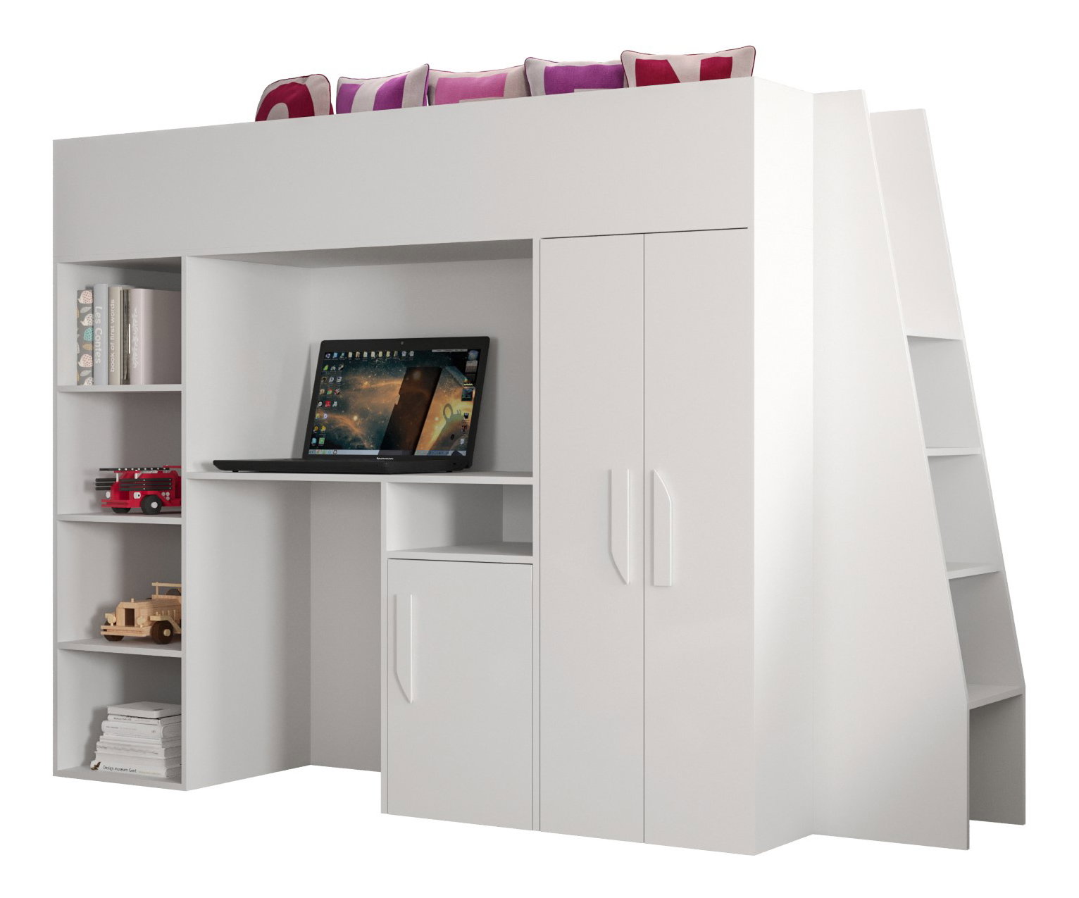 Pat pentru copii combinat 90 cm Puro 15 (alb mat + alb lucios + mânere albe)