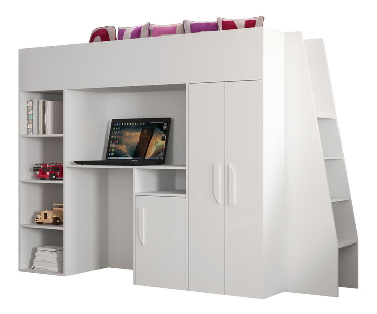 Pat pentru copii combinat 90 cm Puro 15 (alb mat + alb lucios + mânere albe)