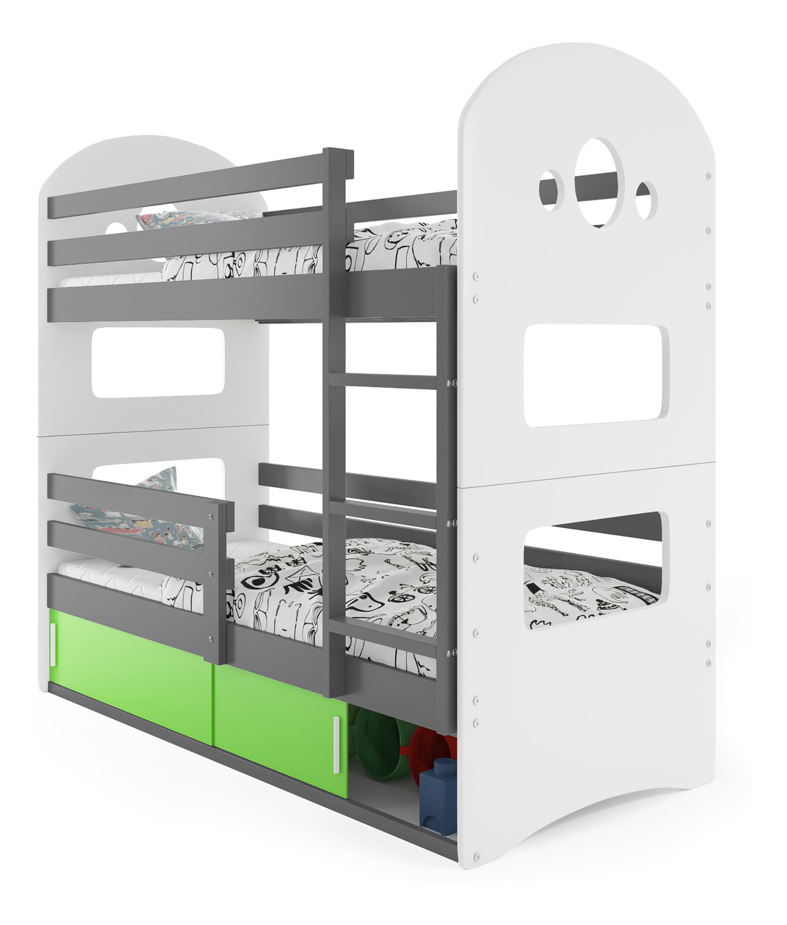 Emeletes ágy 80 x 160 cm Domur (grafit + zöld) (ágyrácsokkal és tárolóhellyel)