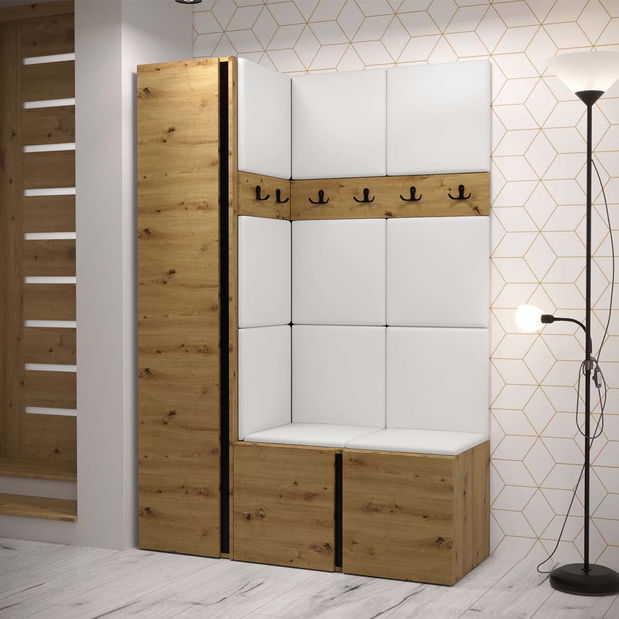 Predsoblje Timothy IX (hrast artisan + hrast artisan + crna) (ekokoža Soft 017 (bijela))