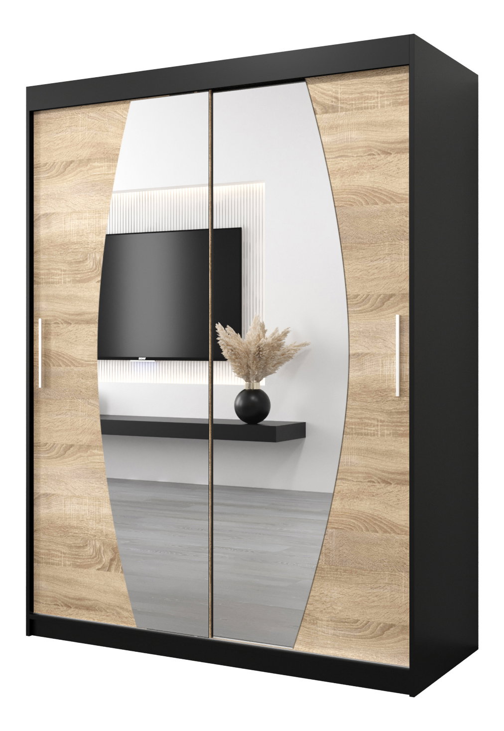 Ruhásszekrény 150 cm Eclipse (matt fekete + sonoma tölgy)