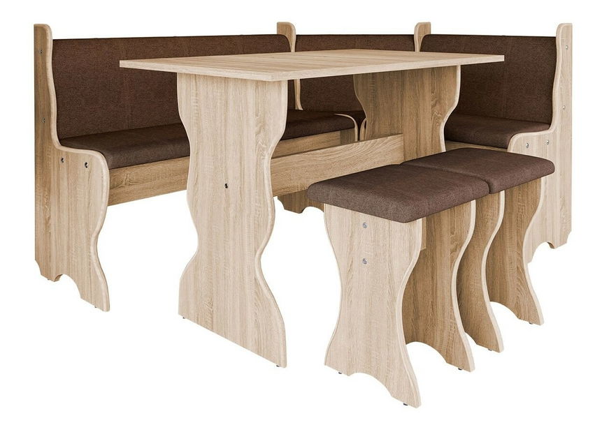 Kutna klupa za kuhinju + stol + stolice Sylvan (hrast craft zlatni + hugo 100)