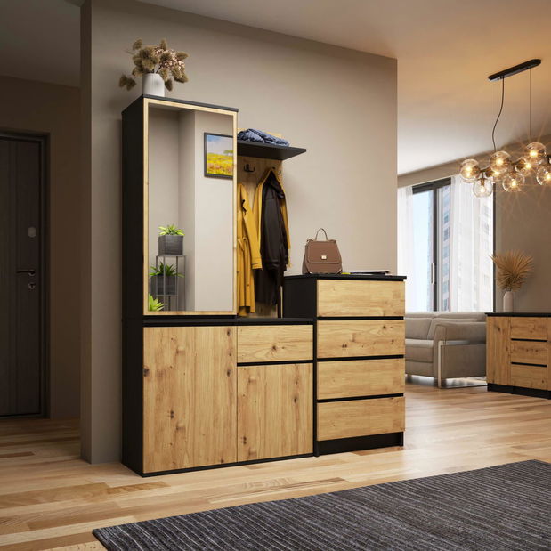 Set mobilier hol Enteruno (negru + stejar artisan) (cu oglindă)