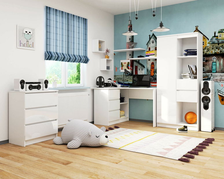 Masă PC de colț Bodhi (alb + alb lucios) (S)