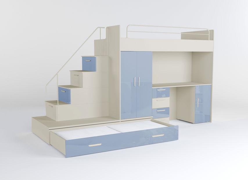 Pat pentru copii Ruby V (cașmir + albastru deschis lucios) (cu somiere)