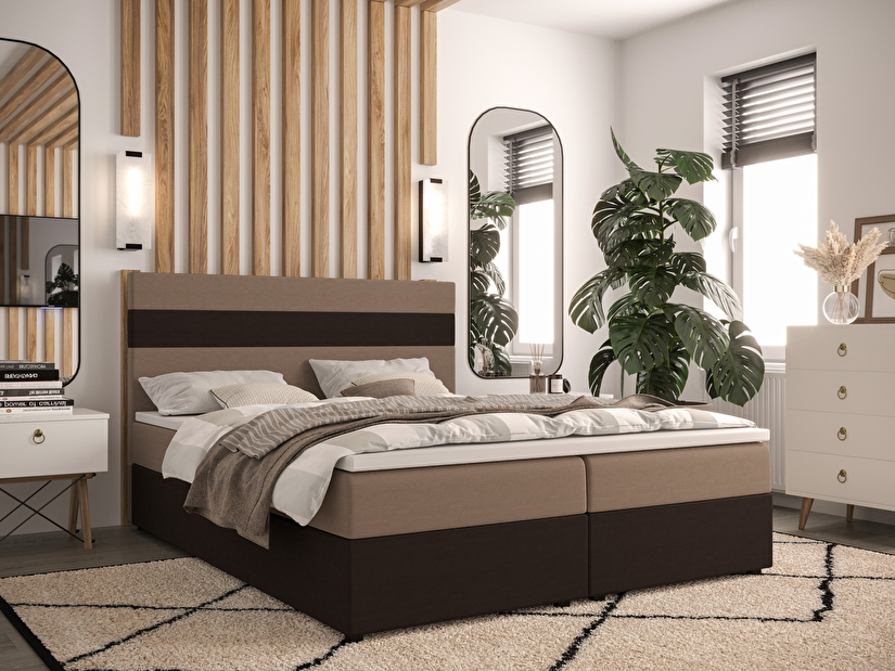 Bračni krevet Boxspring 140 cm Locos Comfort (svijetlosmeđa + tamnosmeđa) (s madracem i prostorom za odlaganje)