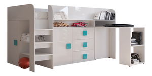 Pat multifuncțional 90 cm Toreno 1 (Alb + alb lucios + mânere turcoaz lucios)