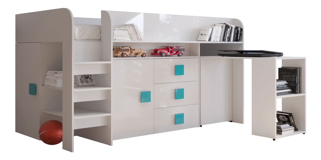 Dječji kombinirani krevet 90 cm Toreno 1 (bijela + bijeli sjaj + tirkizno sjajne ručke)