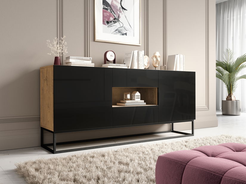 Komoda Antonio (dub artisan + čierna lesklá)