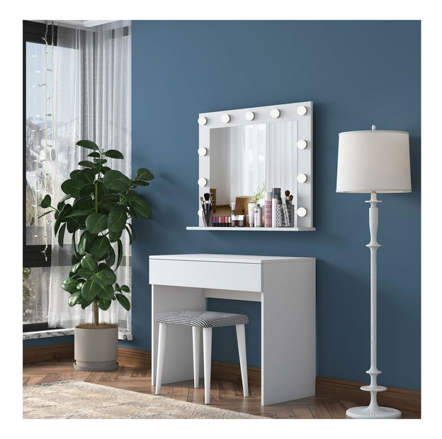 Toaletni stolić s tabureom Blake 21 (s ogledalom) (s LED rasvjetom) (bijela)