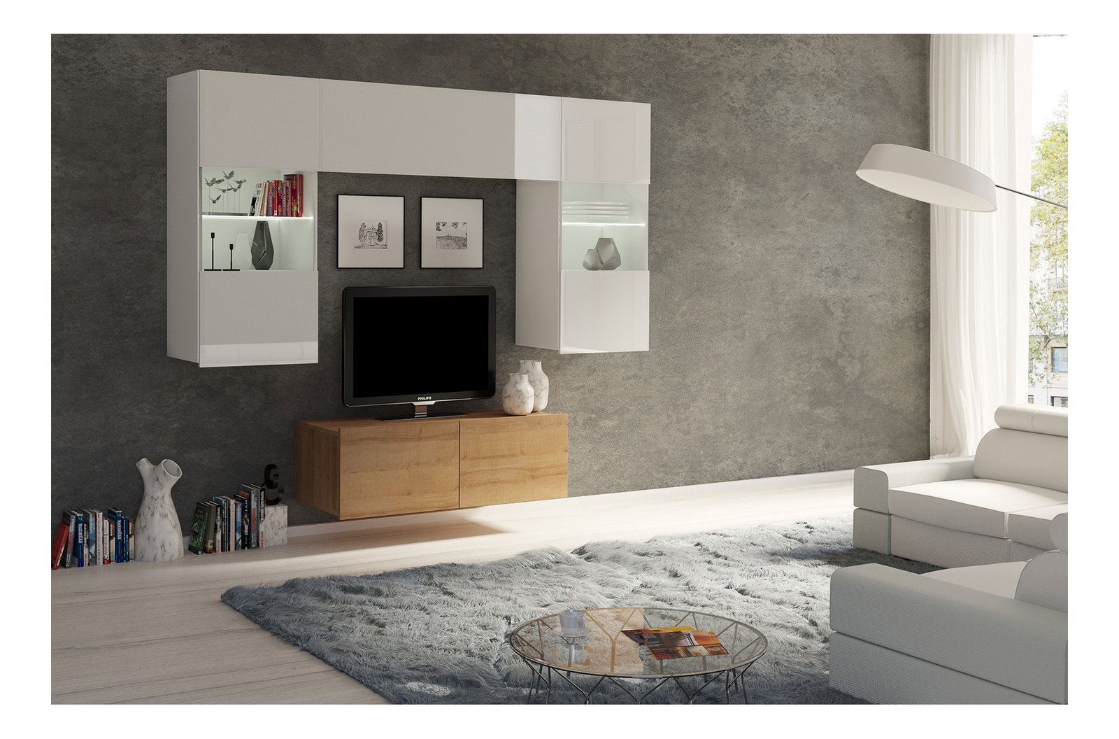 Obývacia stena Calabria C10 (biela + dub zlatý) (bez osvetlenia)
