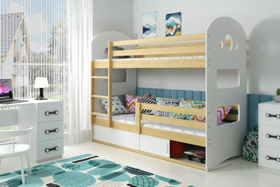 Poschodová posteľ 80 x 160 cm Domur (borovica + biela) (s roštami, matracmi a úl. priestorom)