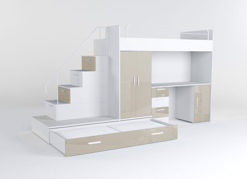 Detská posteľ Ruby V (biela + lesk béžový) (s roštami)