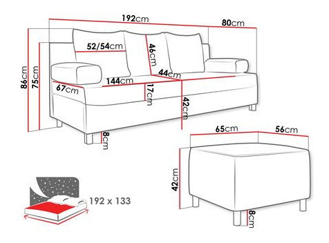 Canapea cu Taburete Dorien (gri deschis)