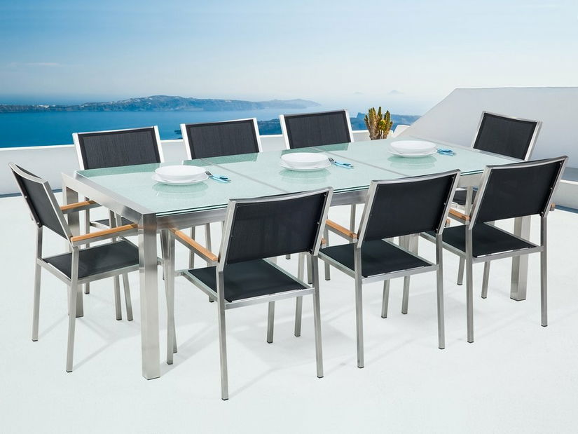 Set de masă pentru grădină Grosso (negru) (blat din sticlă 210x100 cm) (scaune negre)