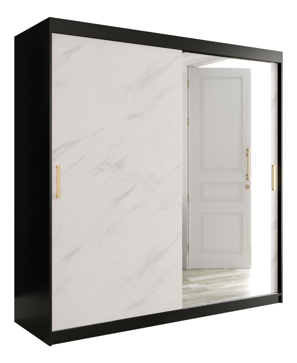 Ruhásszekrény 200 cm Marbelo T2 (matt fekete + fehér márvány)