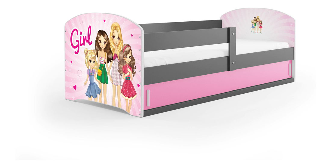 Detská posteľ 80 x 160 cm Lukan (grafit + vzor girls) (s roštom, matracom a úl. priestorom)