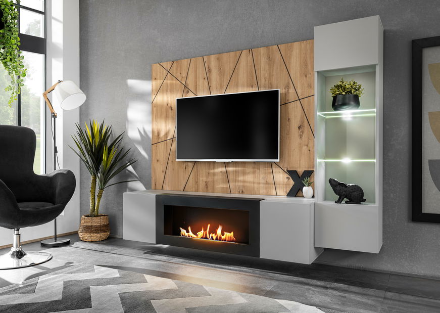 Mobilier living Xavus G-K (perla grey + stejar artisan) (cu iluminat) (cu șemineu bio)