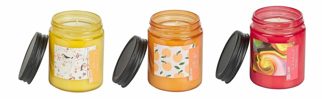 Sada 3 ks vonných sviečok broskyňa a červená ríbezľa/žlté bobule/jablko Baila (žltá)