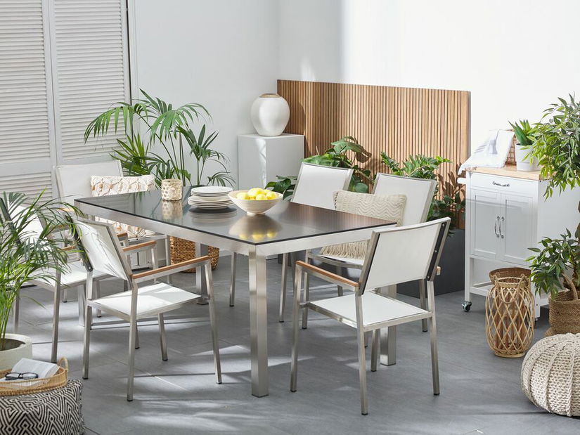 Kerti étkező szett Grosso (fekete) (üveglappal 180x90 cm) (fehér szék)