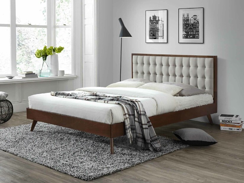 Manželská postel Sook (tmavé drevo + svetlo sivá)