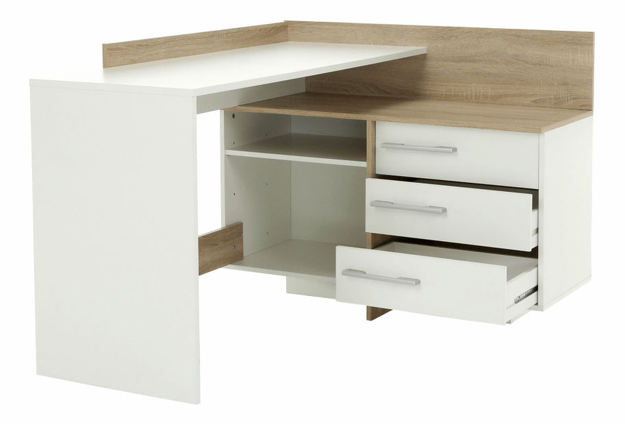 Masă PC de colț Teny (Alb + Stejar sonoma)