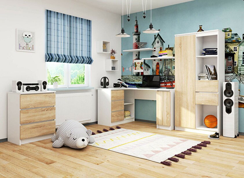 Sarok PC asztal Bienvenida (fehér + sonoma tölgy) (L)