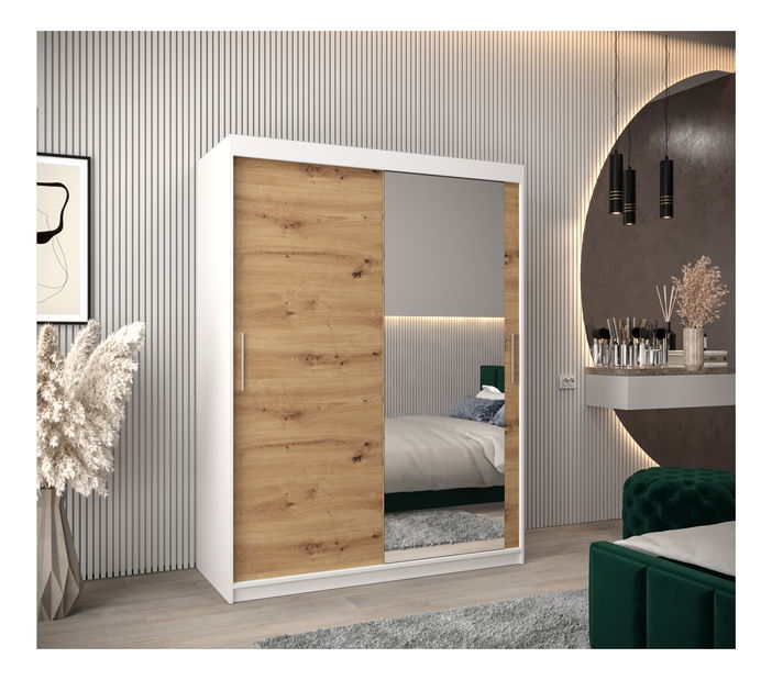 Dulap de haine 150 cm Toki 2 (alb mat + stejar artisan)