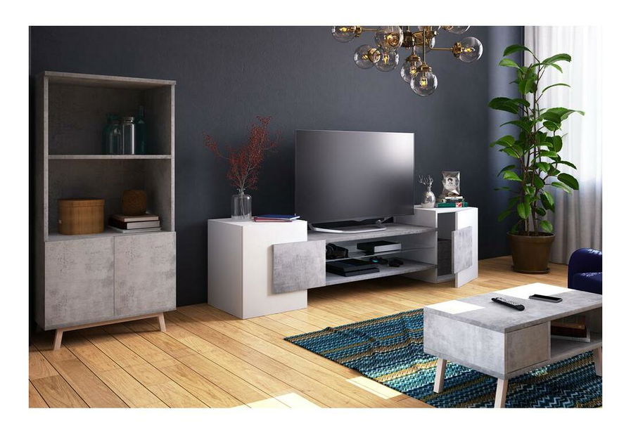 Masă TV Gavin (cu iluminat) (alb + beton)