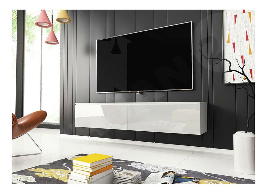 Masă TV/Dulap Dilune 140 (Alb + Alb lucios ) (iluminat LED Alb)