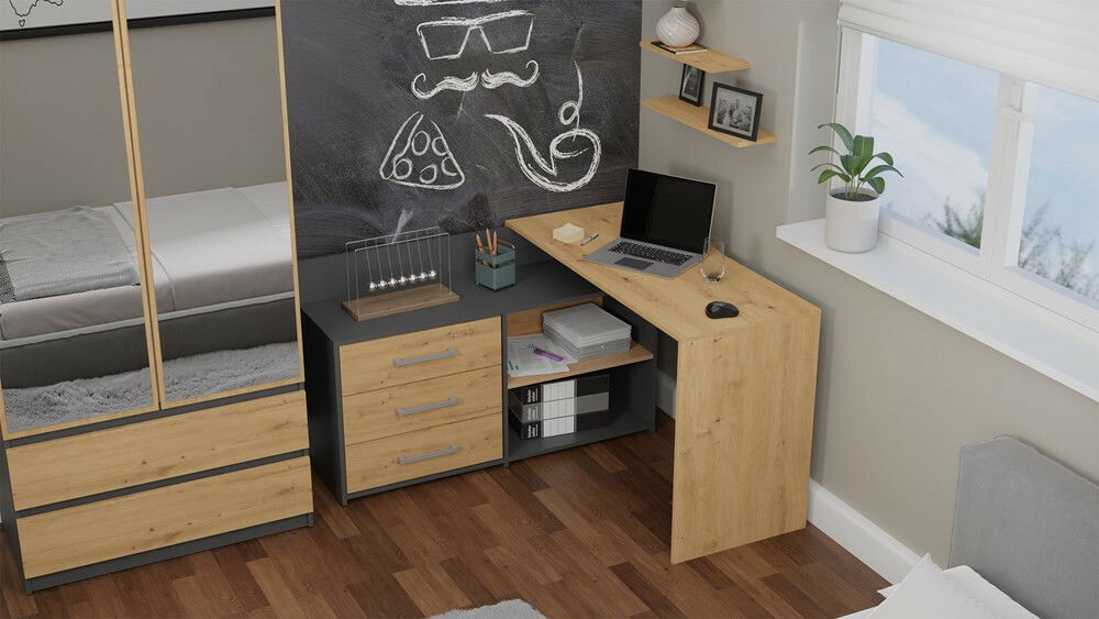 Masă PC de colț Debio 1 (antracit + stejar artisan)