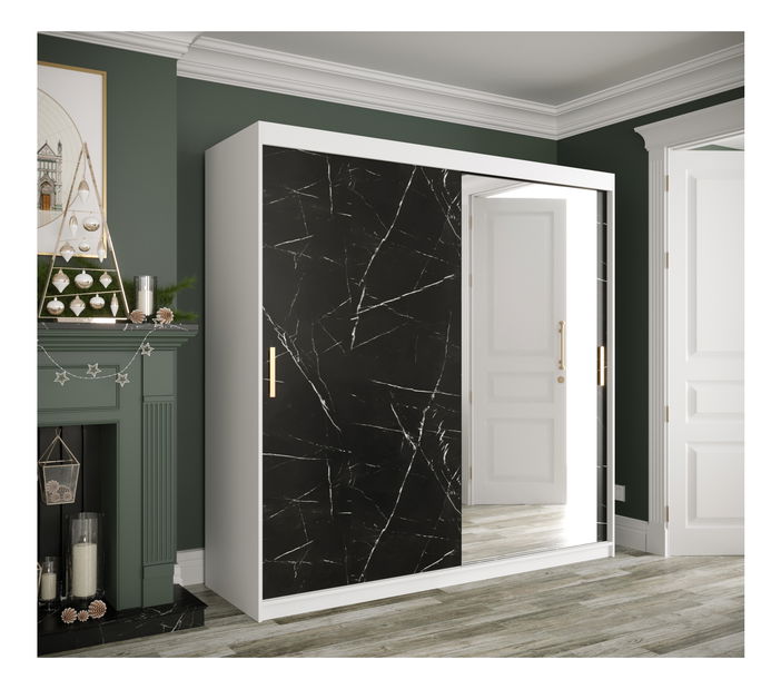 Šatníková skriňa 200 cm Marbelo T2 (matná biela + čierny mramor)