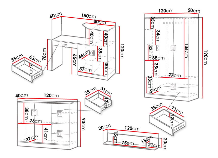 Mobilier cameră studenți Monella VI (stejar deschis + alb) 