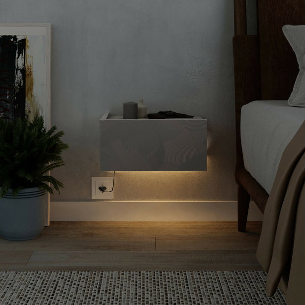 Nočný stolík Ondra LED (béžovosivá + travertín)