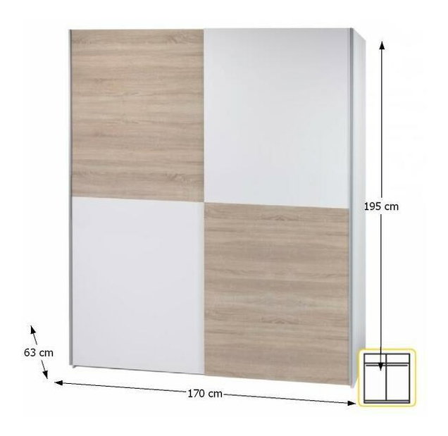 Šatníková skriňa Win 2 (biela + dub sonoma) (šachovnica)