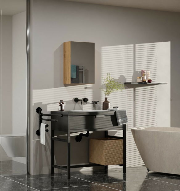 Dulap de baie suspendat Perdieron 3 (stejar artisan) (cu oglindă)