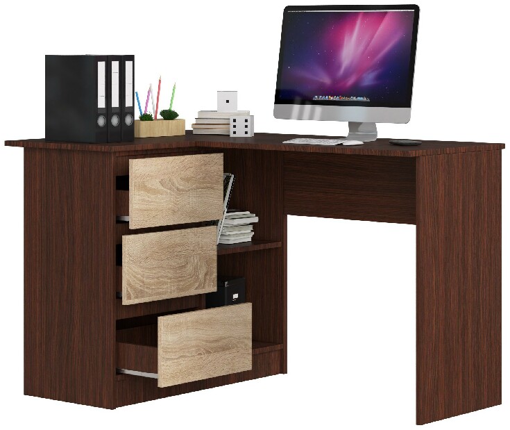 Rohový PC stolík Bodhi (wenge + dub sonoma) (L)